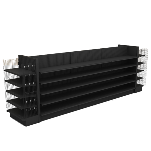 Black Wall Gondola Shelving With Wood Bins & Shelves